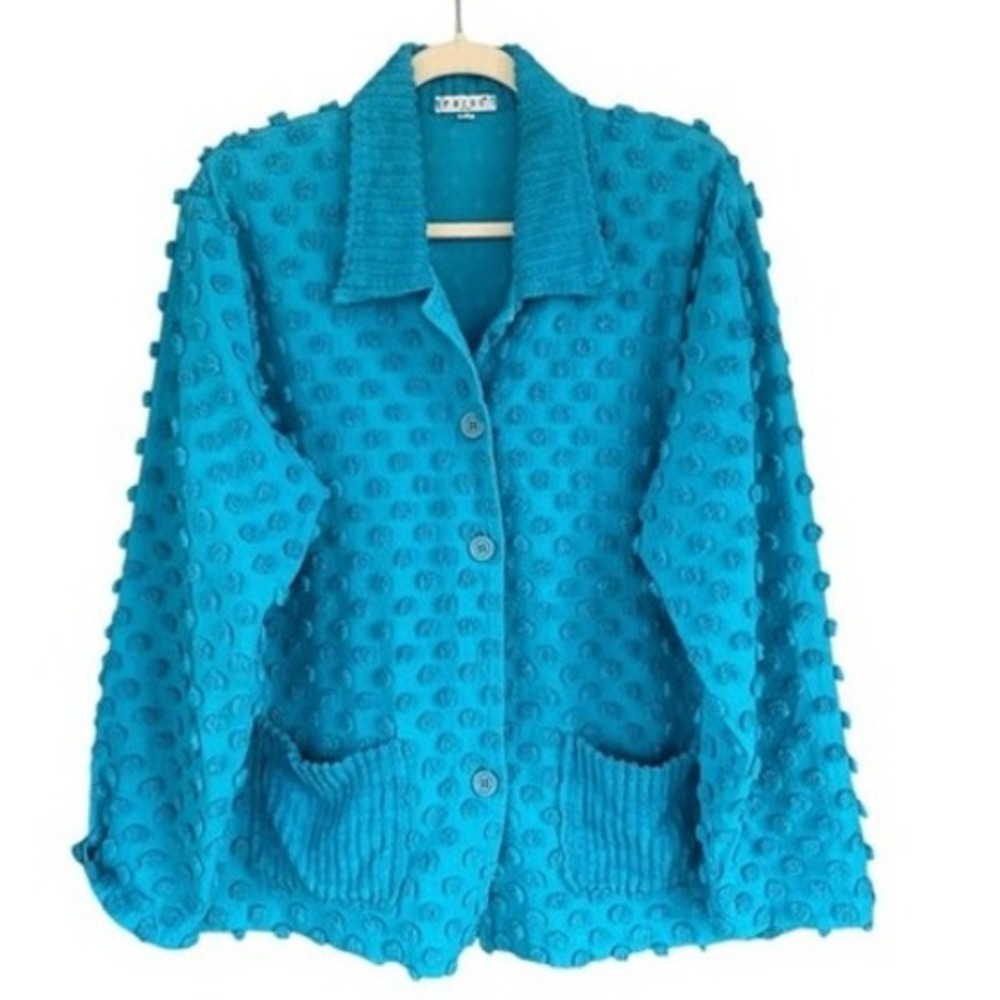 B6 Vintage Focus USA Textured Bobble Knit Button Up Cardigan Jacket Blue M‎